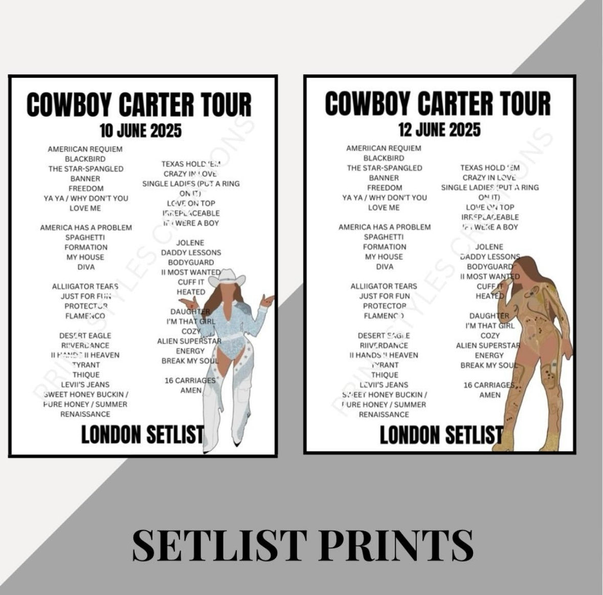 Beyoncé ‘Cowboy Carter Tour’ inspired setlist prints
