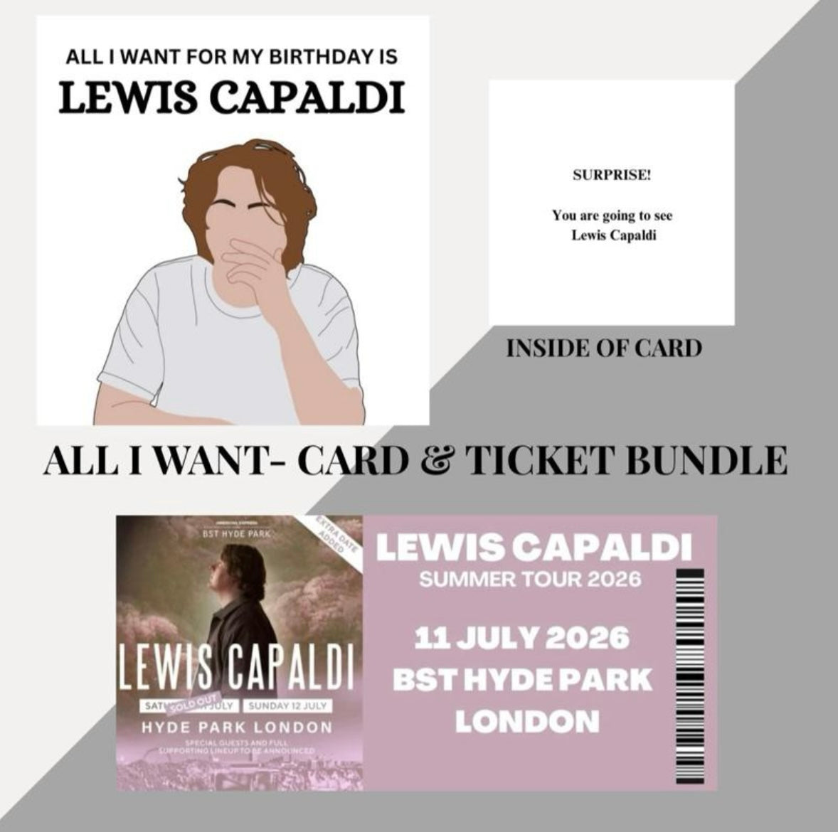 Lewis Capaldi birthday card and souvenir ticket bundle