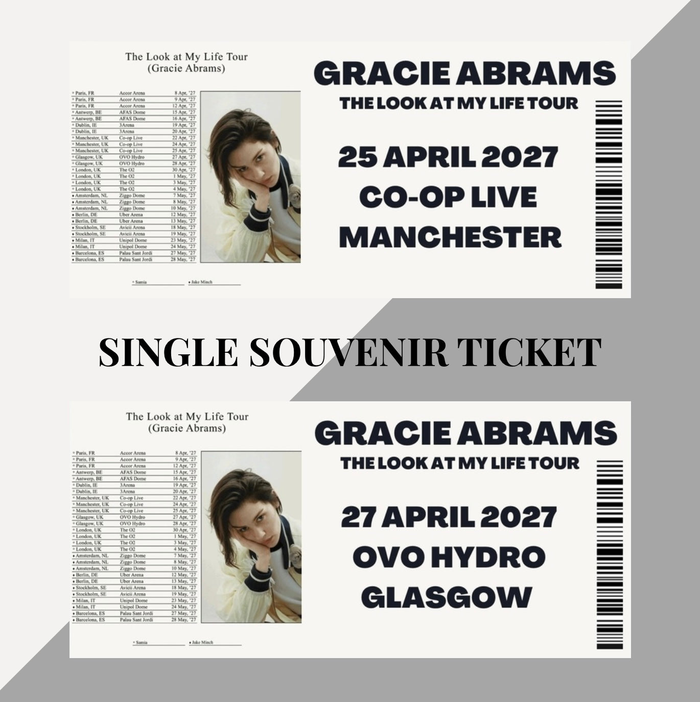 Gracie Abrams ‘The Look at my Life Tour’ inspired souvenir tickets