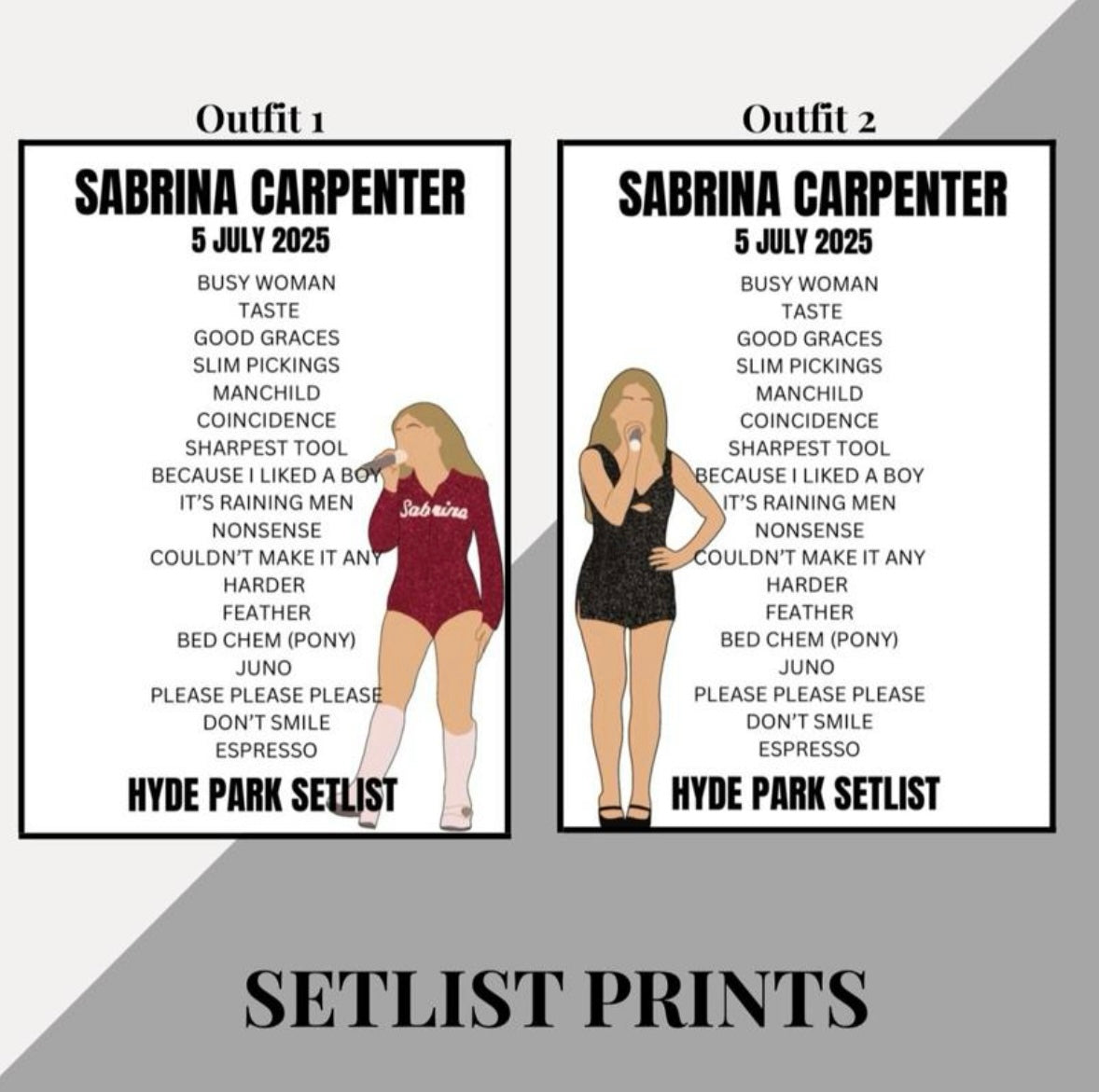 Sabrina Carpenter BST Hyde Park inspired setlist prints