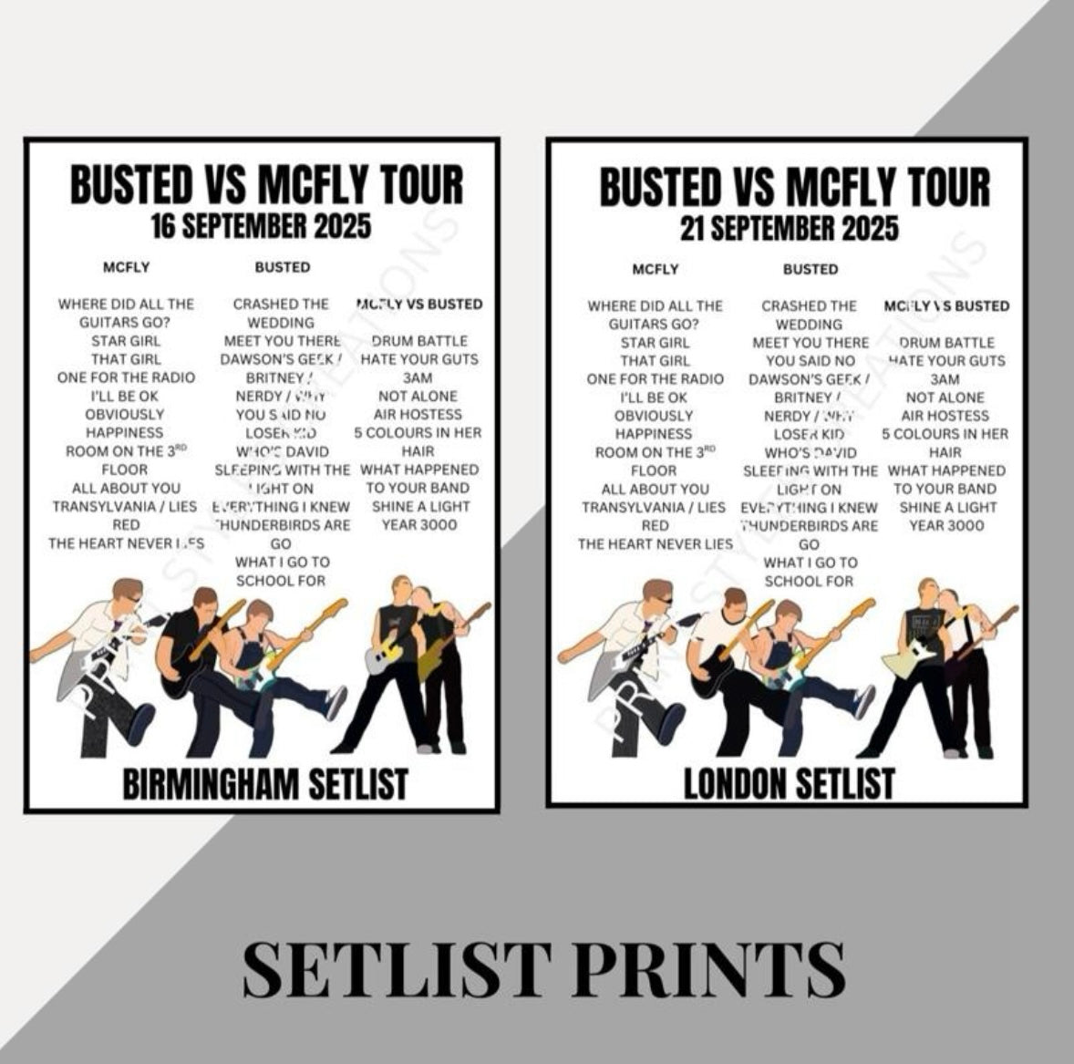 Busted v McFly inspired setlist prints