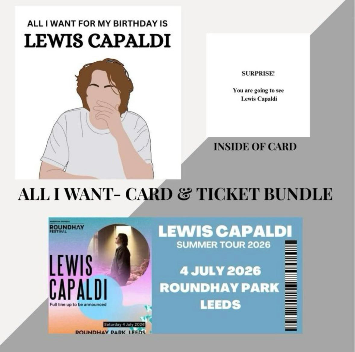 Lewis Capaldi birthday card and souvenir ticket bundle