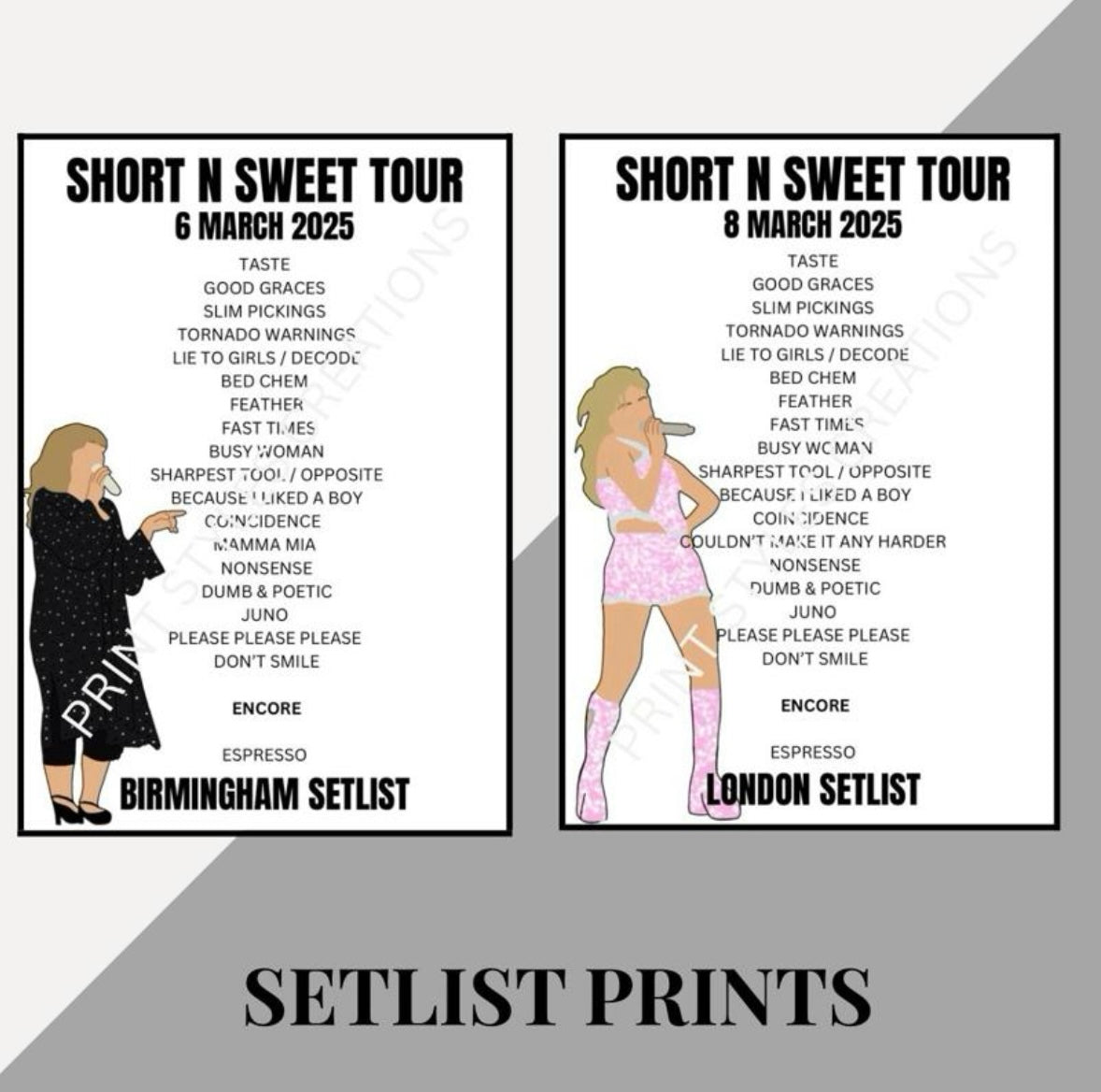 Sabrina Carpenter ‘Short N Sweet Tour’ inspired setlist prints