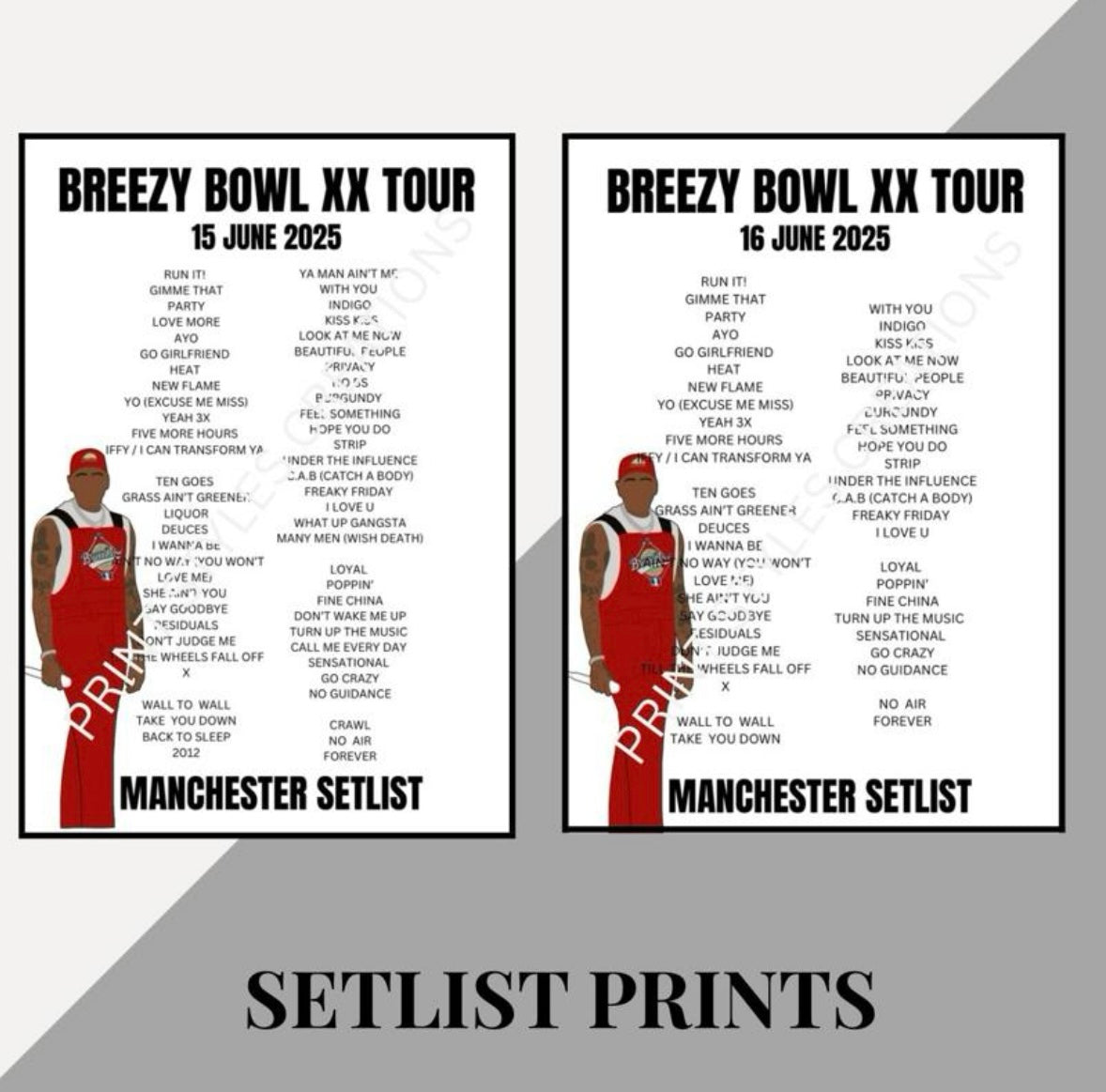 Chris Brown ‘Breezy Bowl XX Tour’ inspired setlist prints