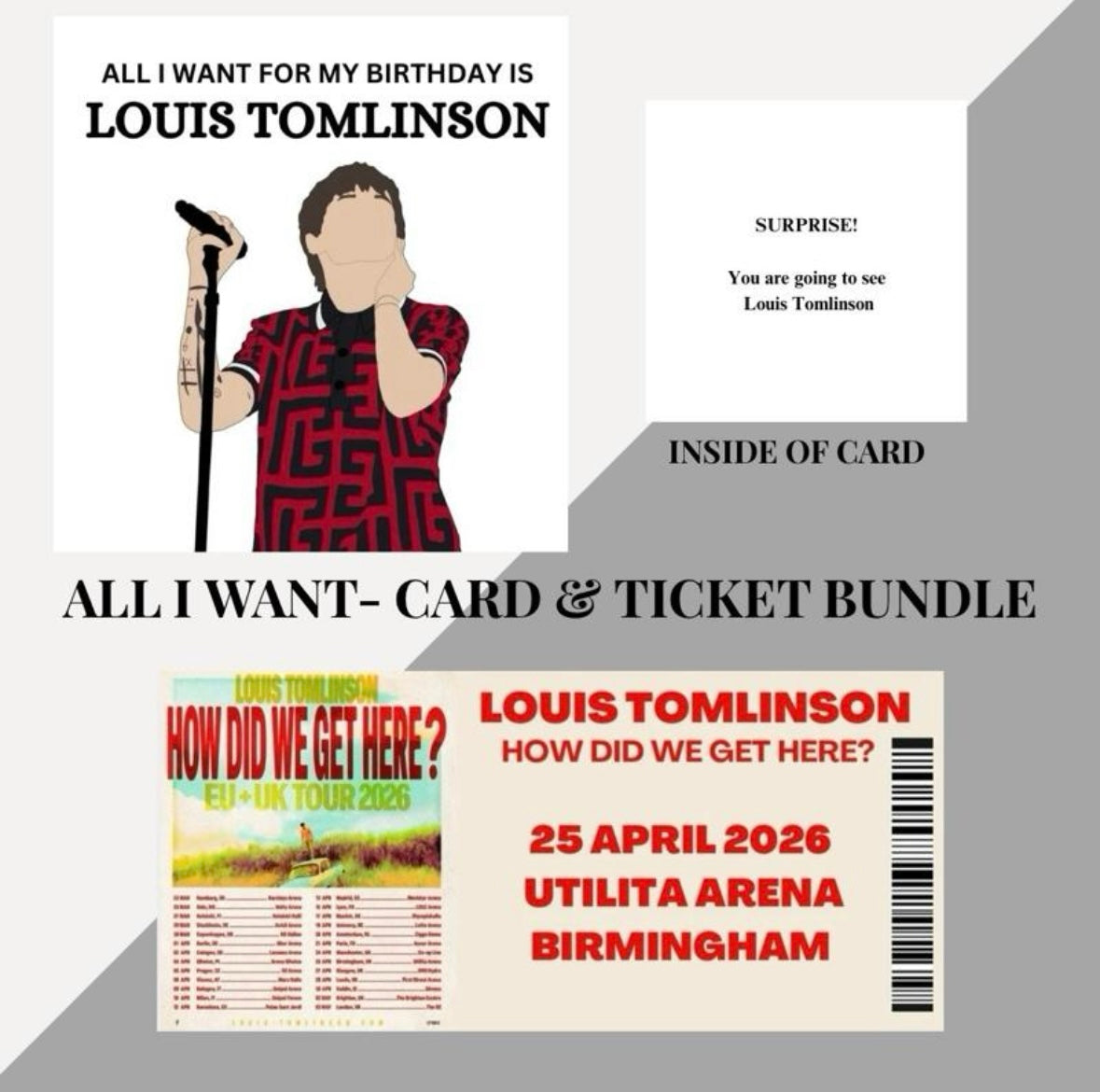Louis Tomlinson birthday card and souvenir ticket bundle
