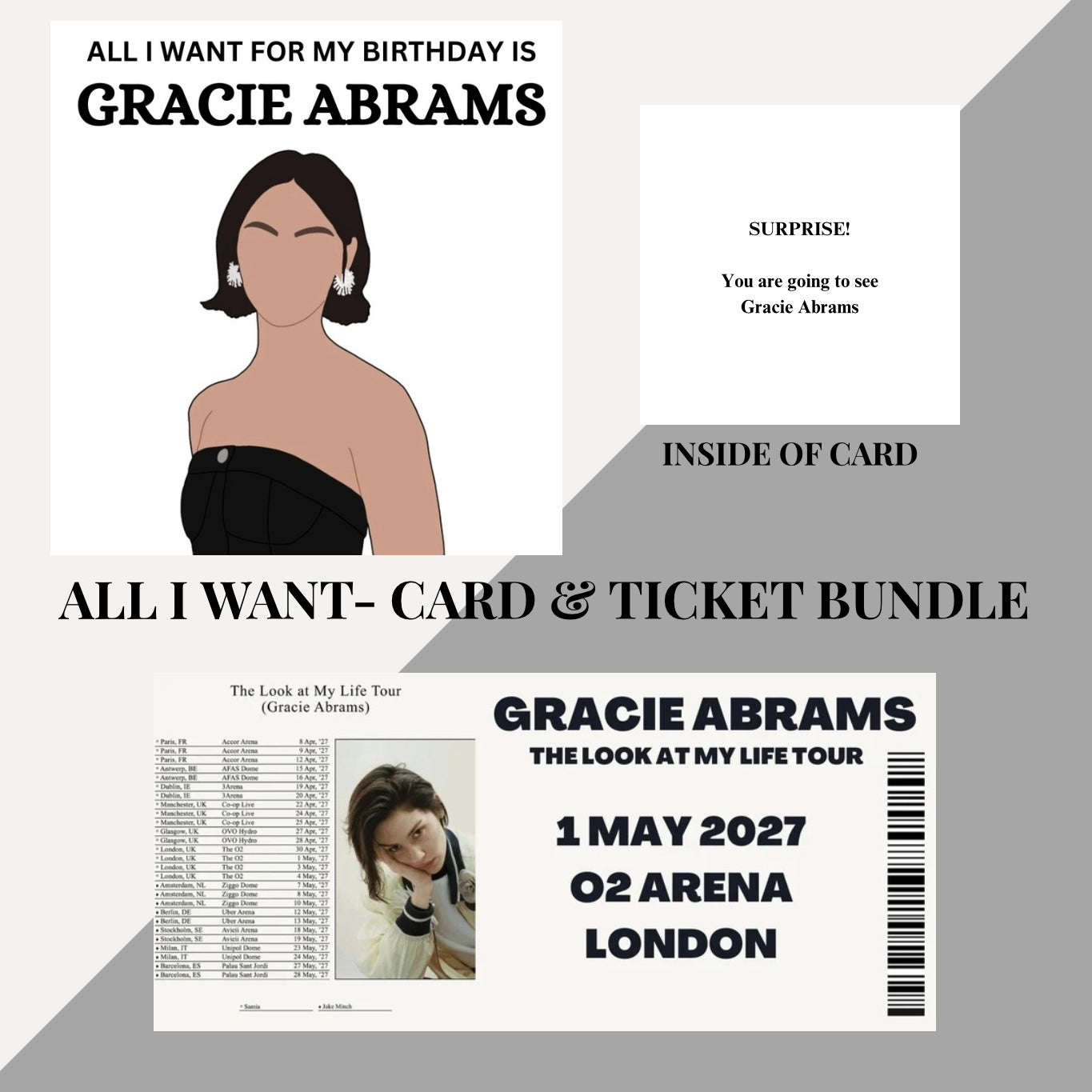 Gracie Abrams birthday card & souvenir ticket bundle