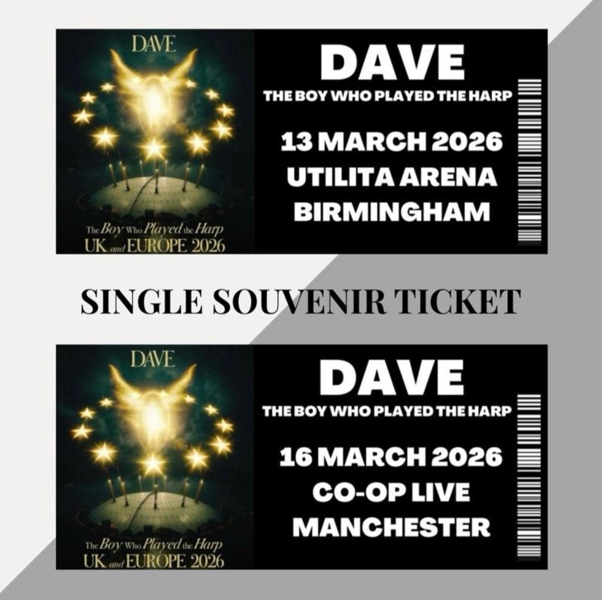 Dave ‘The Boy Who Played The Harp’ tour inspired souvenir tickets