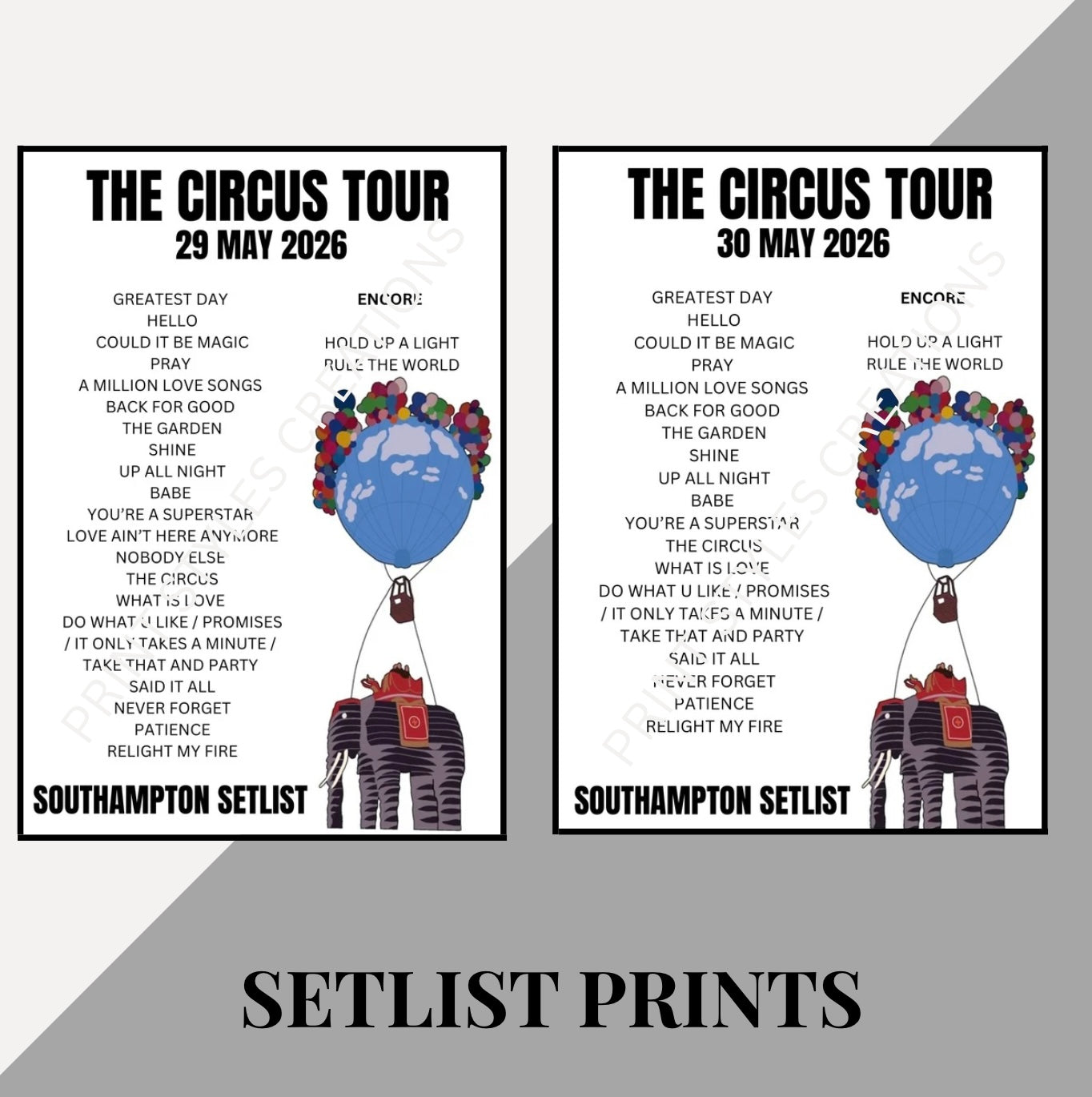 Take That ‘The Circus Tour’ inspired setlist prints