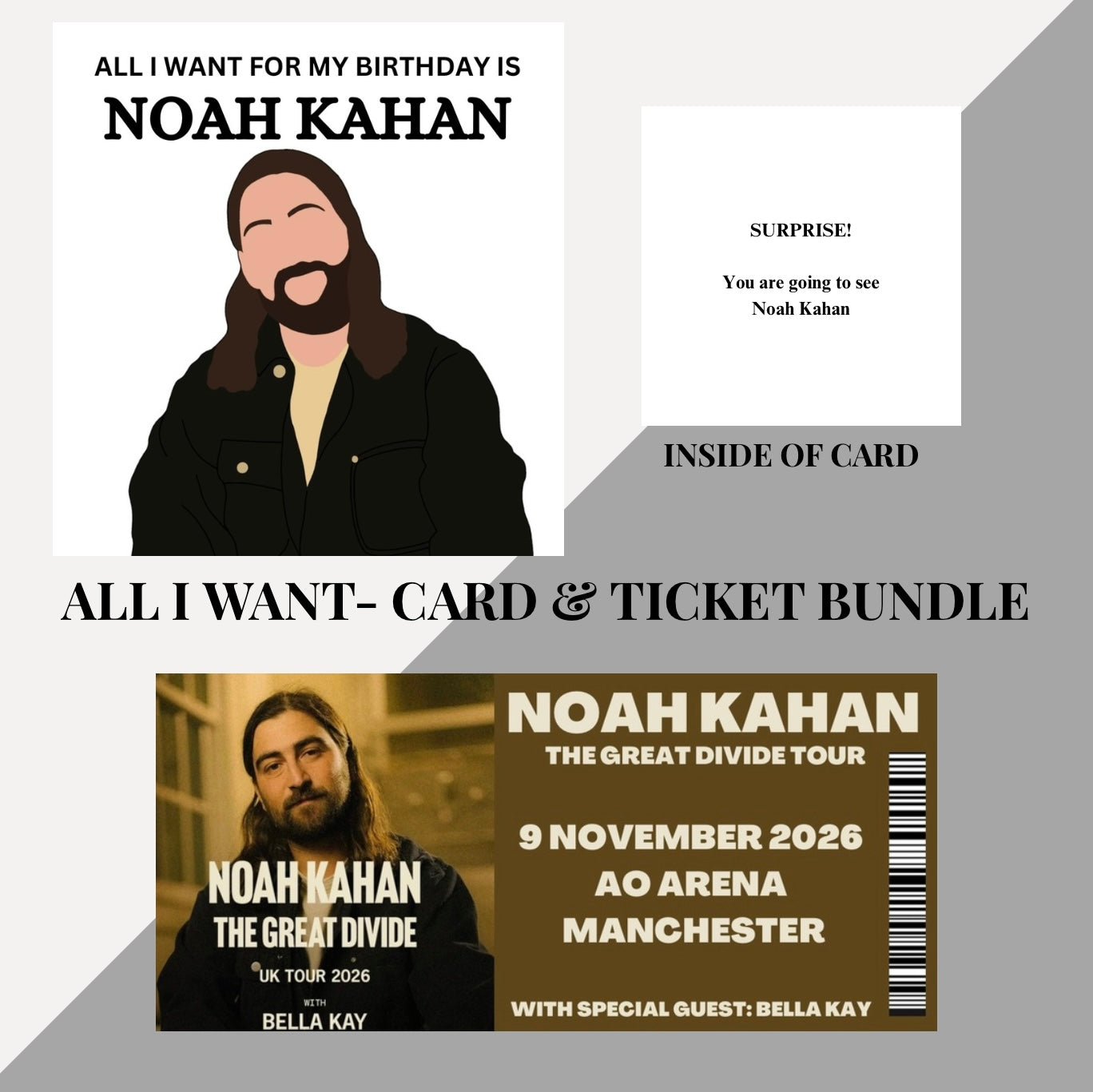 Noah Kahan Birthday card and souvenir ticket bundle