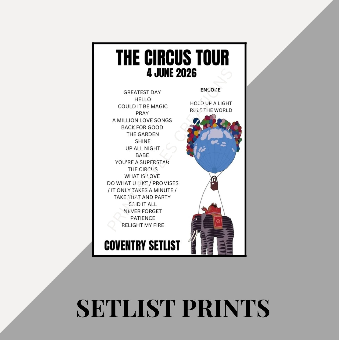 Take That ‘The Circus Tour’ inspired setlist prints