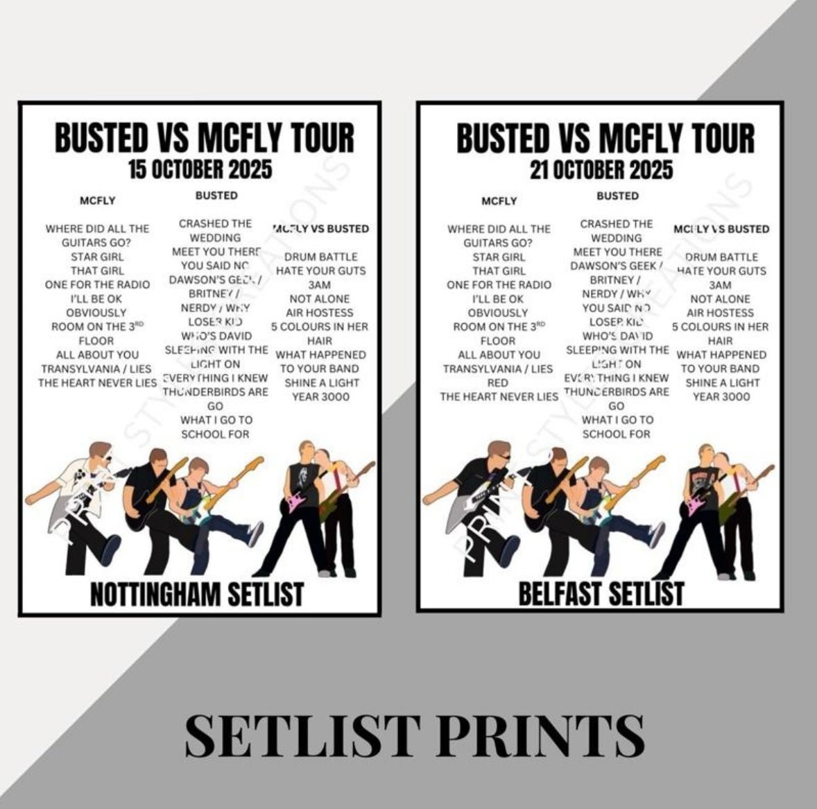 Busted v McFly inspired setlist prints