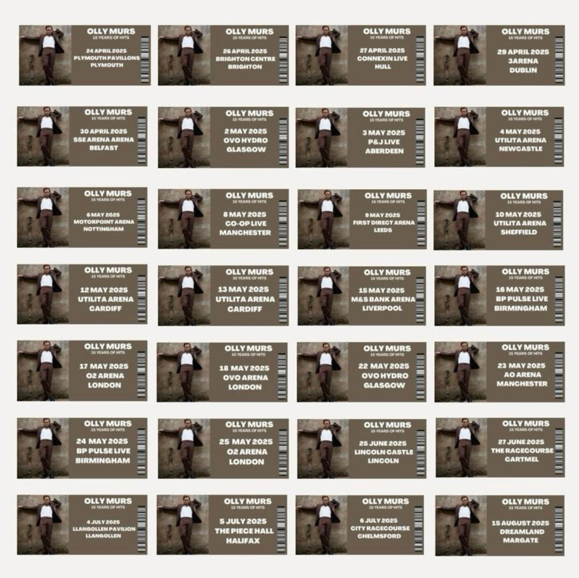 Olly Murs ‘15 Years of Hits Tour’ inspired souvenir tickets