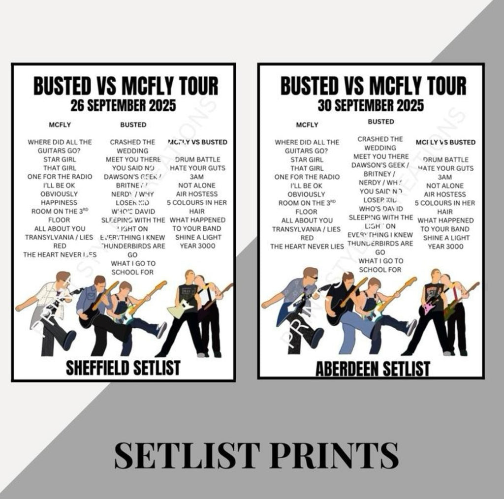 Busted v McFly inspired setlist prints