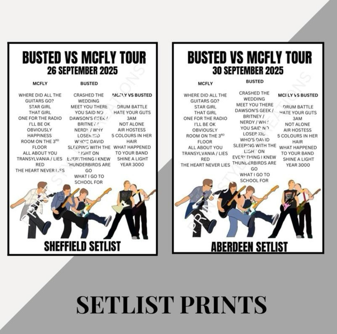Busted v McFly inspired setlist prints