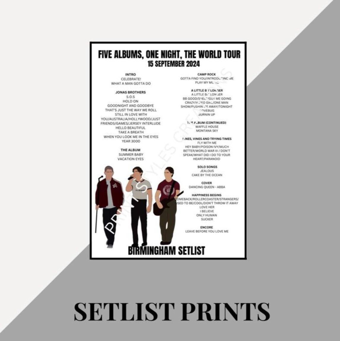 Jonas Brothers ‘Five Albums One Night The Tour’ inspired setlist prints