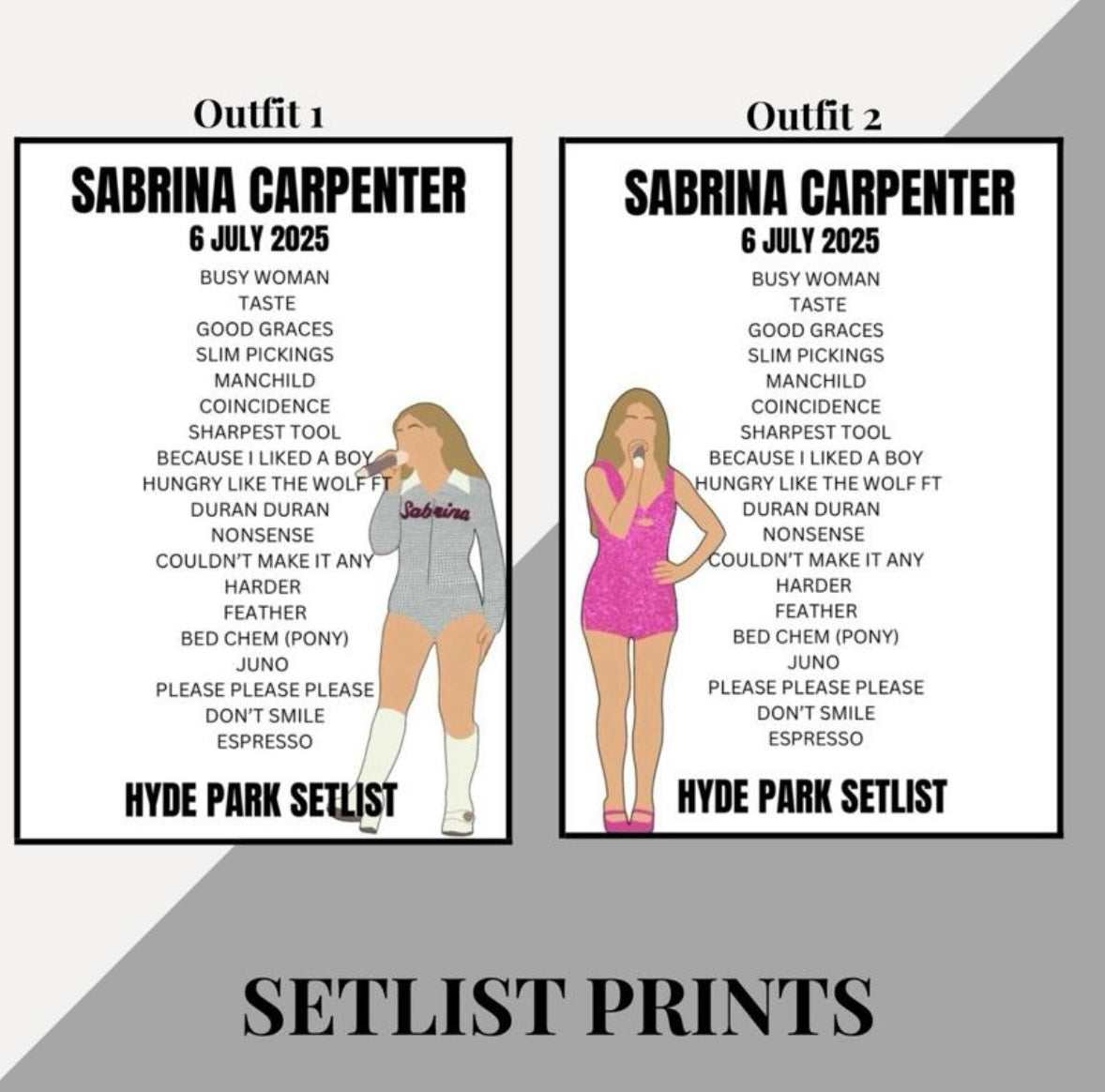 Sabrina Carpenter BST Hyde Park inspired setlist prints