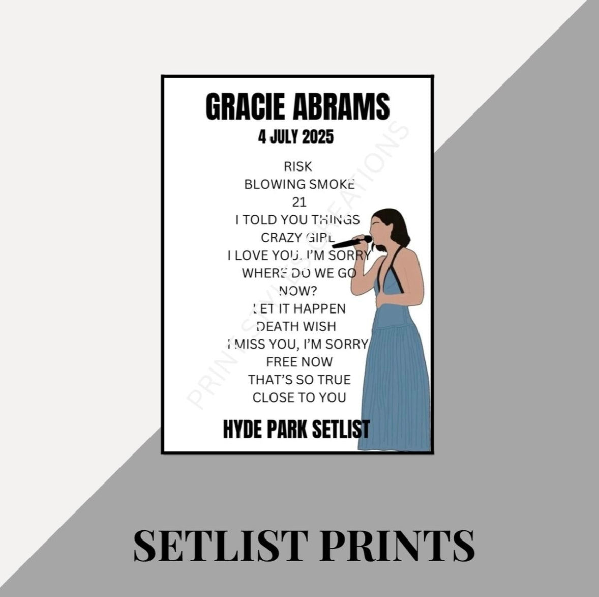 Gracie Abrams Hyde Park inspired setlist print