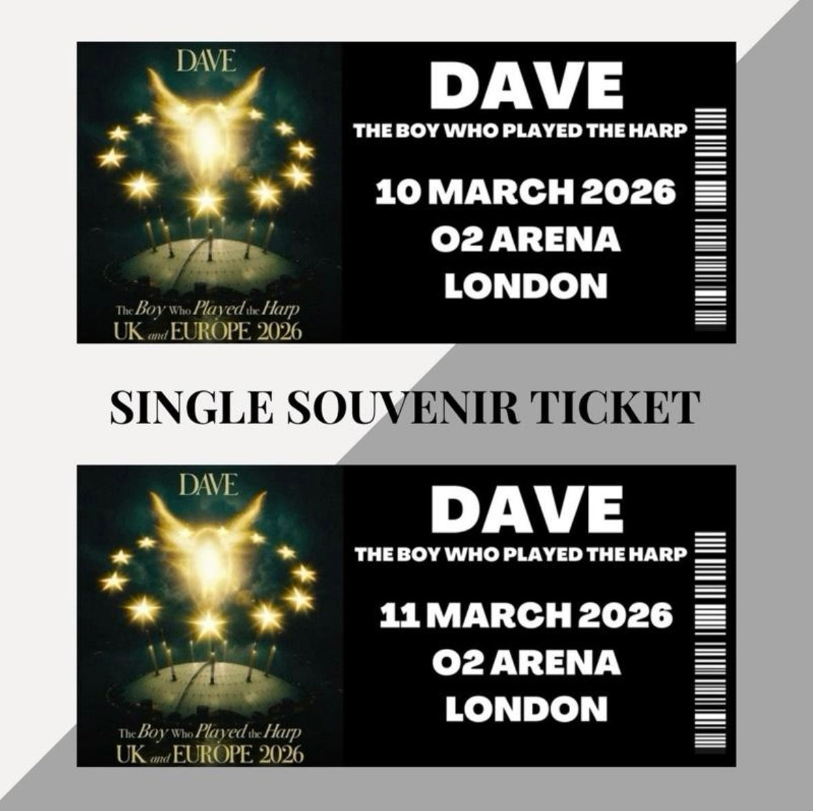 Dave ‘The Boy Who Played The Harp’ tour inspired souvenir tickets