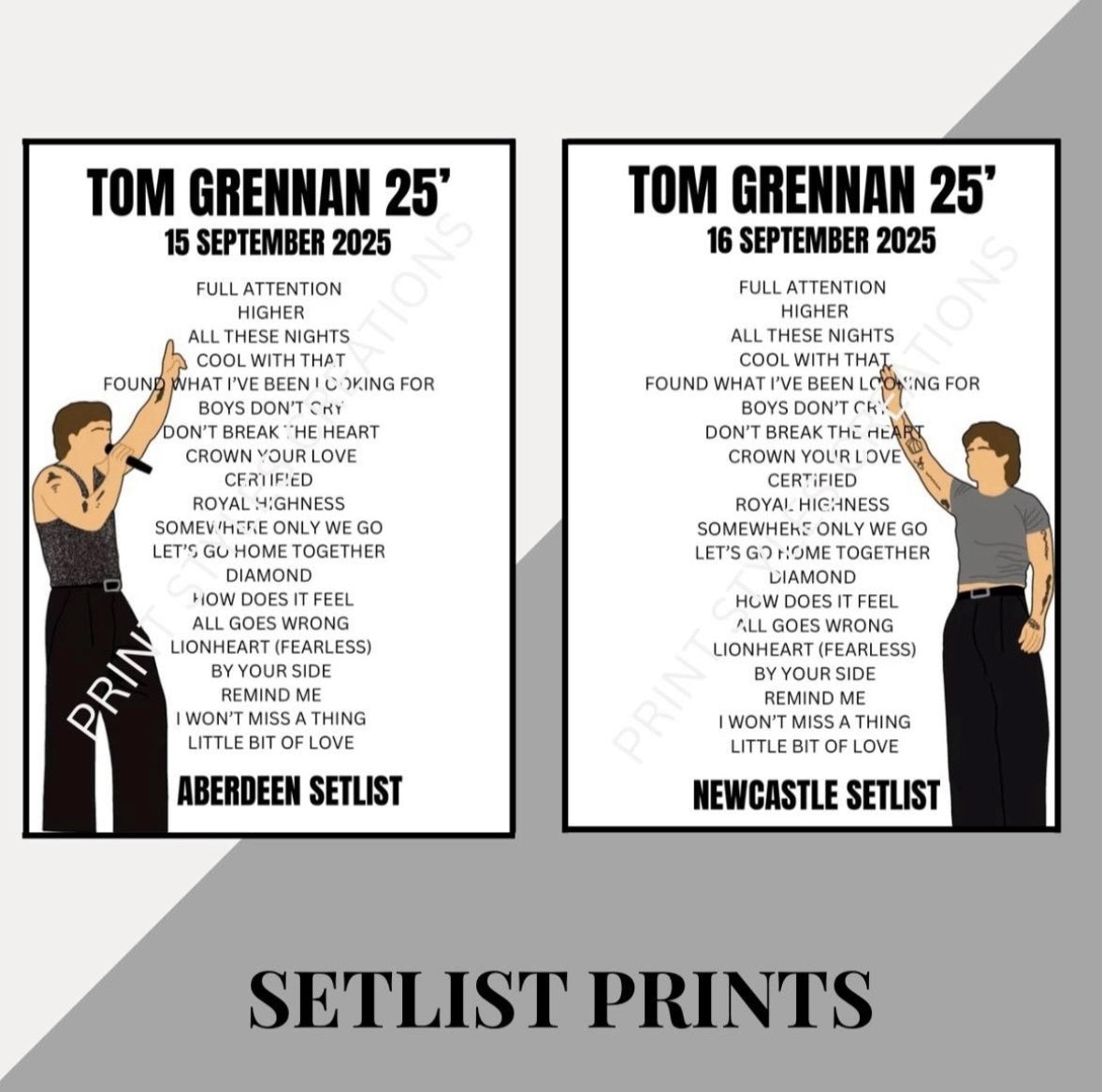 Tom Grennan 25 Tour inspired setlist prints