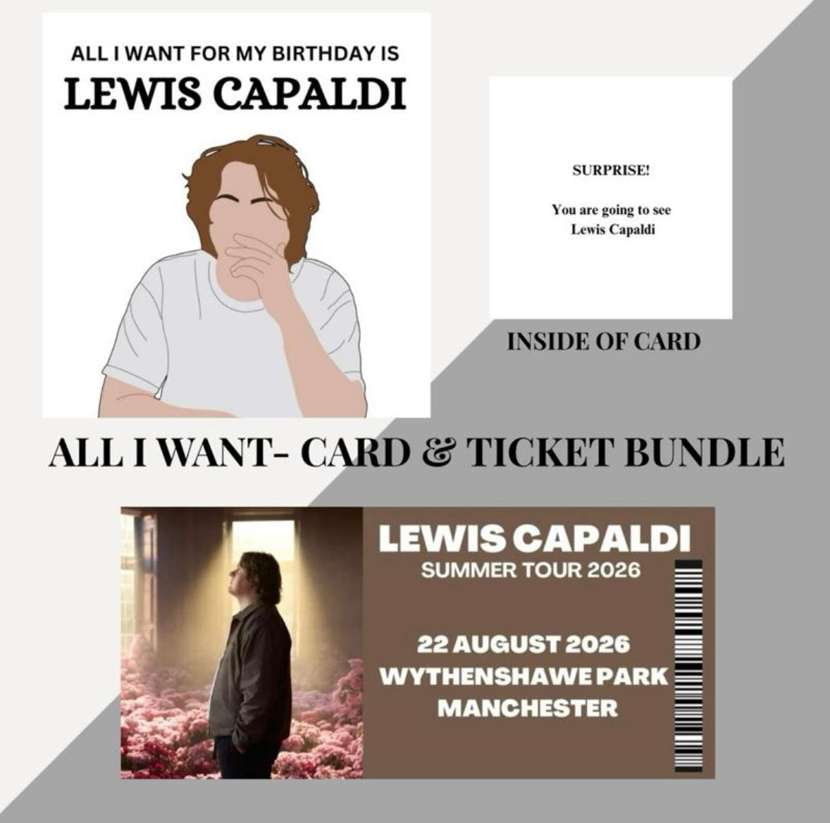 Lewis Capaldi birthday card and souvenir ticket bundle