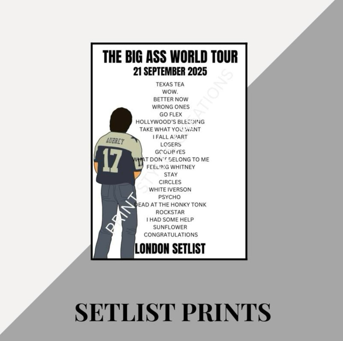Post Malone ‘The Big Ass World Tour’ inspired setlist prints