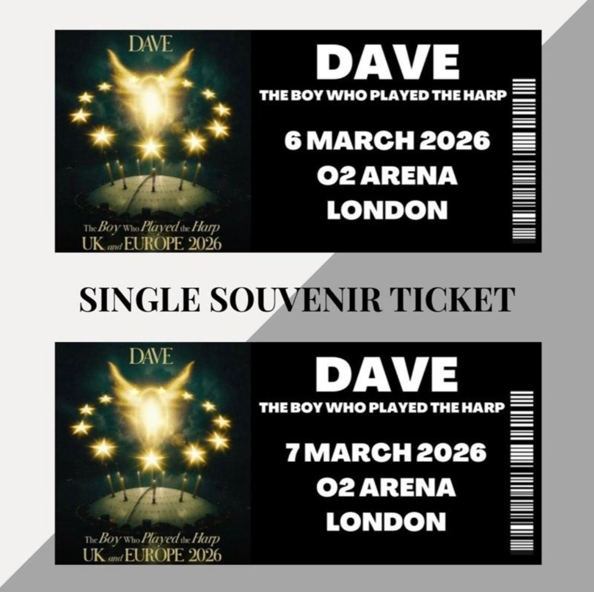 Dave ‘The Boy Who Played The Harp’ tour inspired souvenir tickets