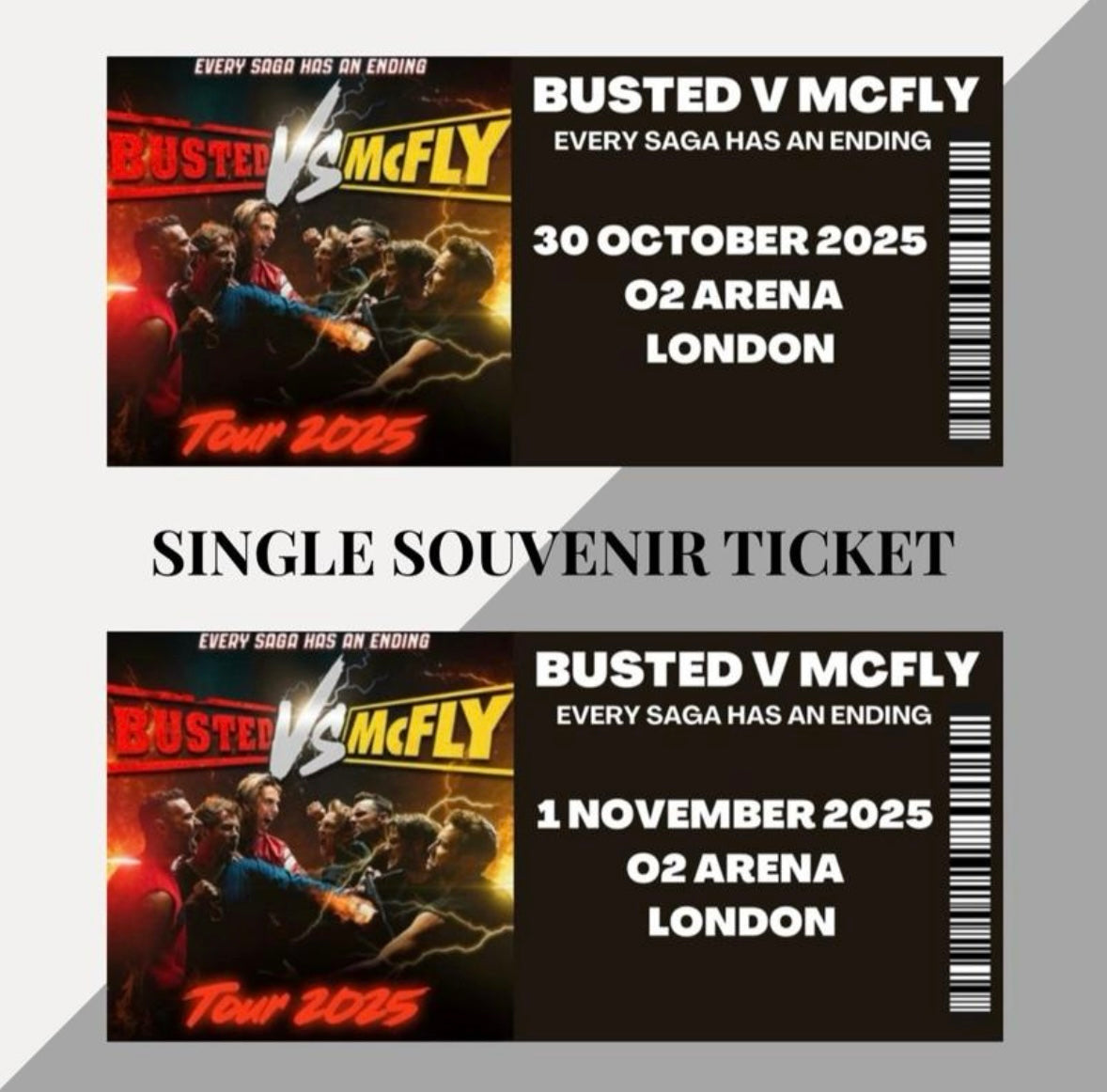 Busted Vs McFly tour inspired souvenir tickets