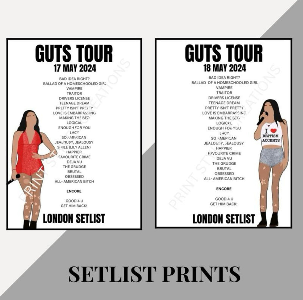 Olivia Rodrigo ‘Guts Tour’ inspired setlist prints