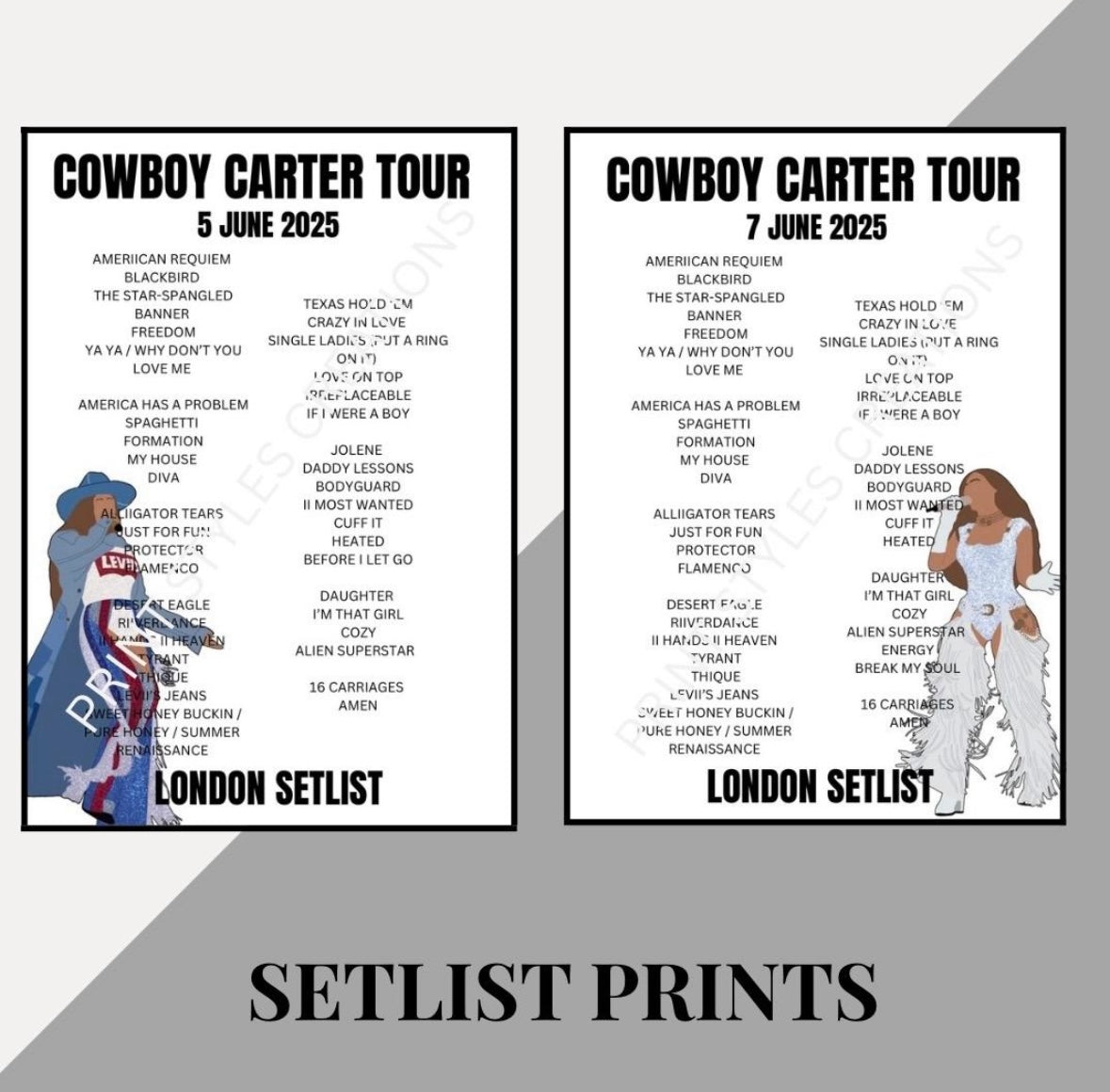 Beyoncé ‘Cowboy Carter Tour’ inspired setlist prints
