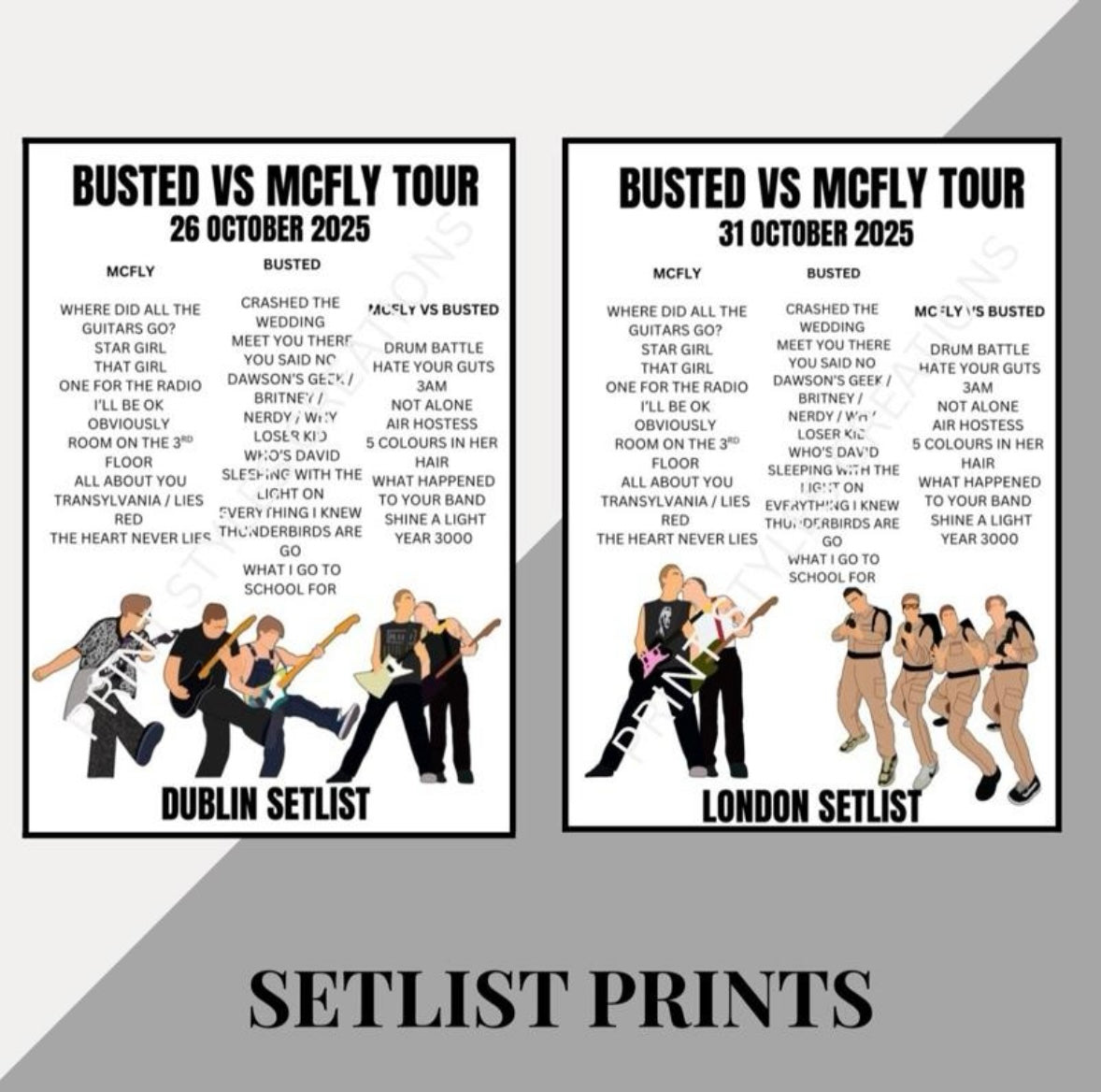 Busted v McFly inspired setlist prints