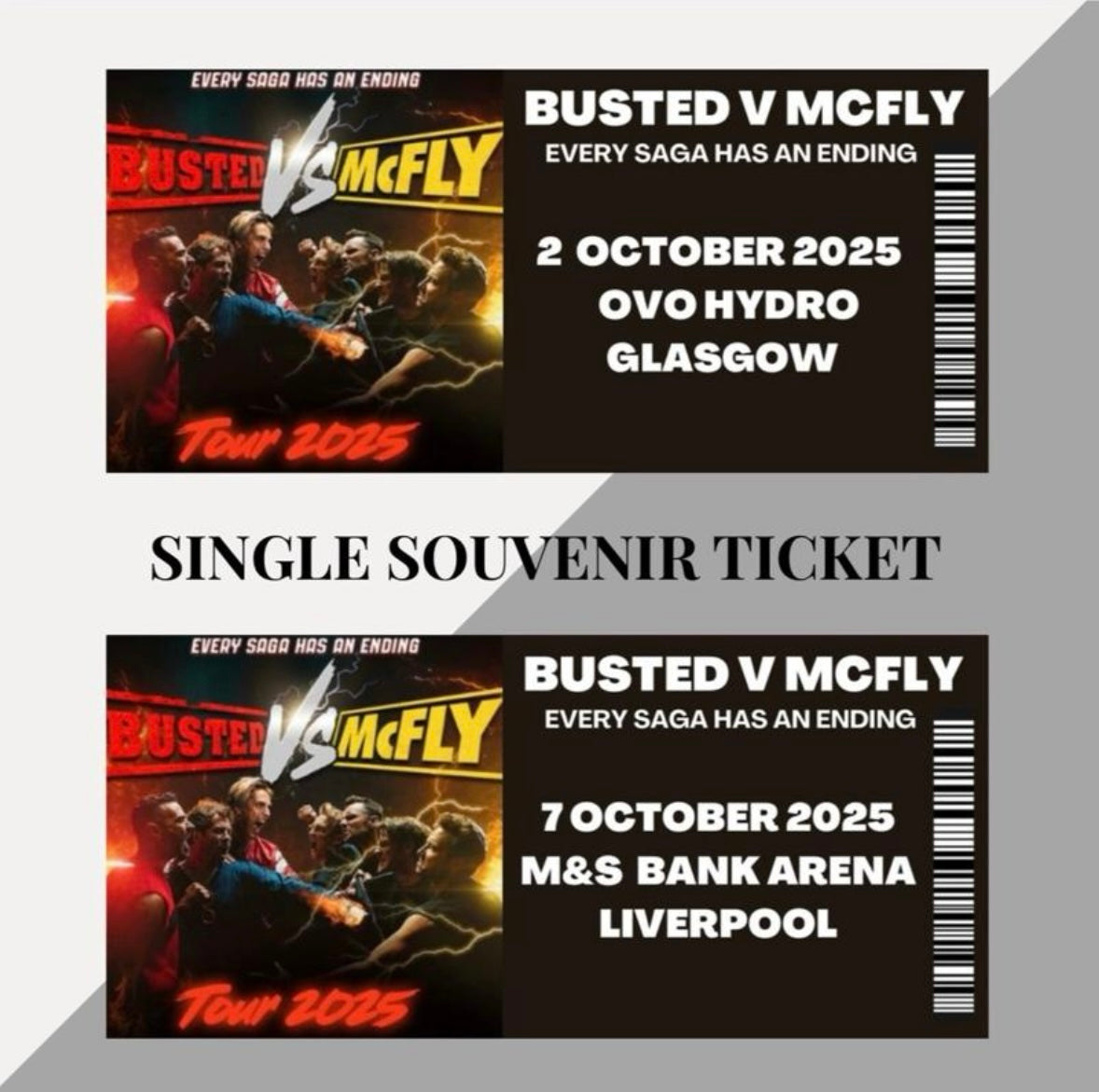 Busted Vs McFly tour inspired souvenir tickets