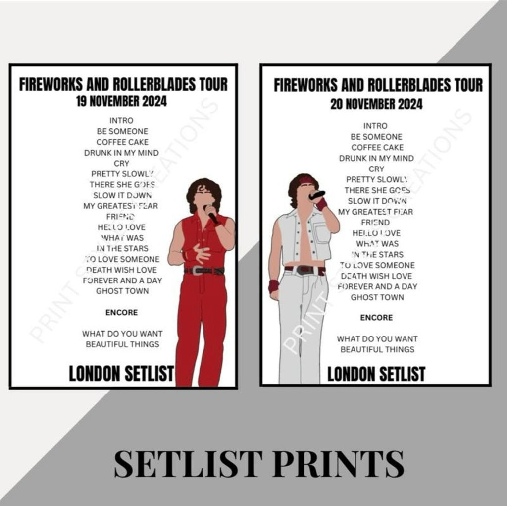 Benson Boone ‘Fireworks and Rollerblades’ Tour inspired setlist prints