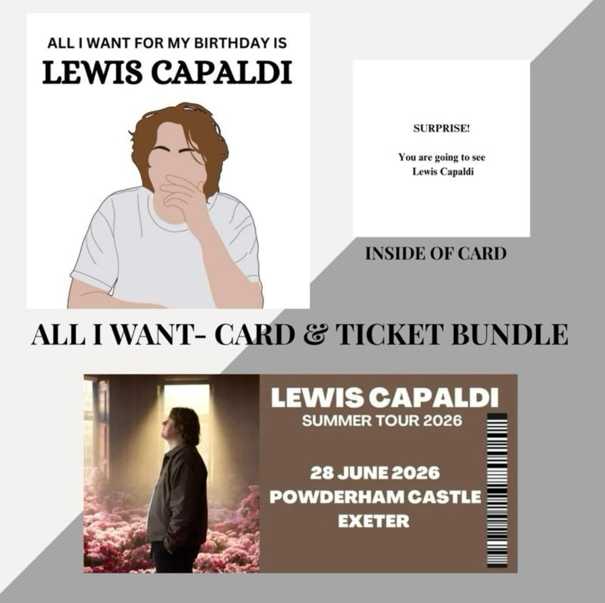 Lewis Capaldi birthday card and souvenir ticket bundle
