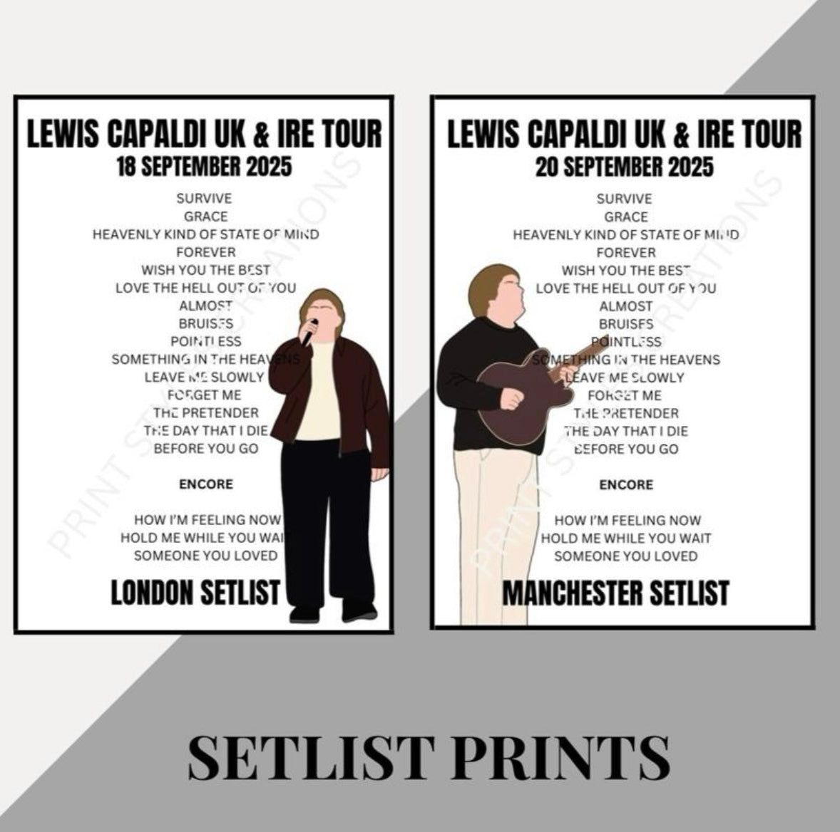 Lewis Capaldi 2025 Tour inspired setlist prints