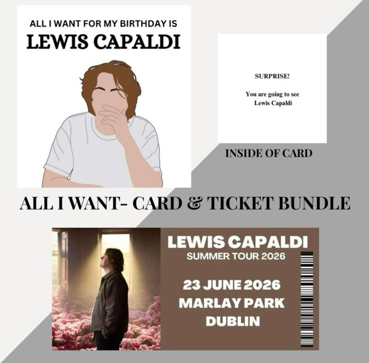 Lewis Capaldi birthday card and souvenir ticket bundle