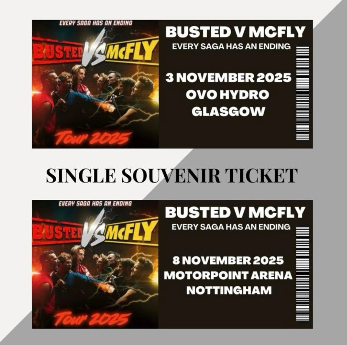 Busted Vs McFly tour inspired souvenir tickets