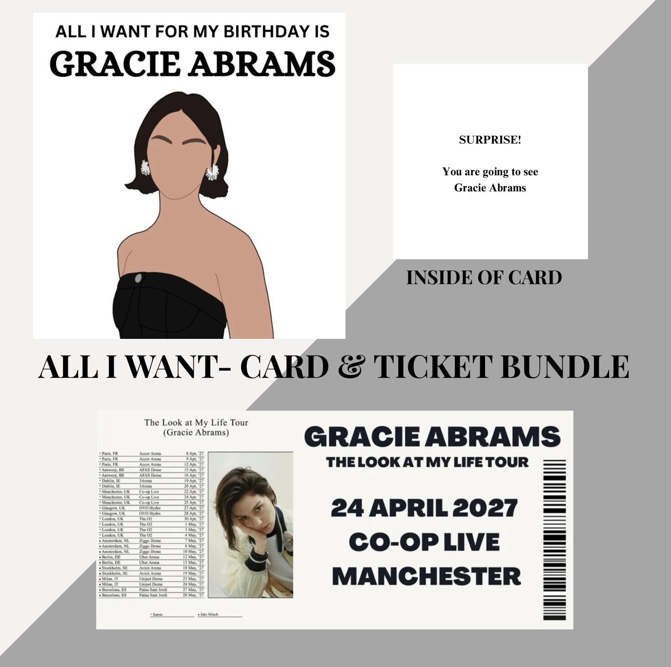 Gracie Abrams birthday card & souvenir ticket bundle