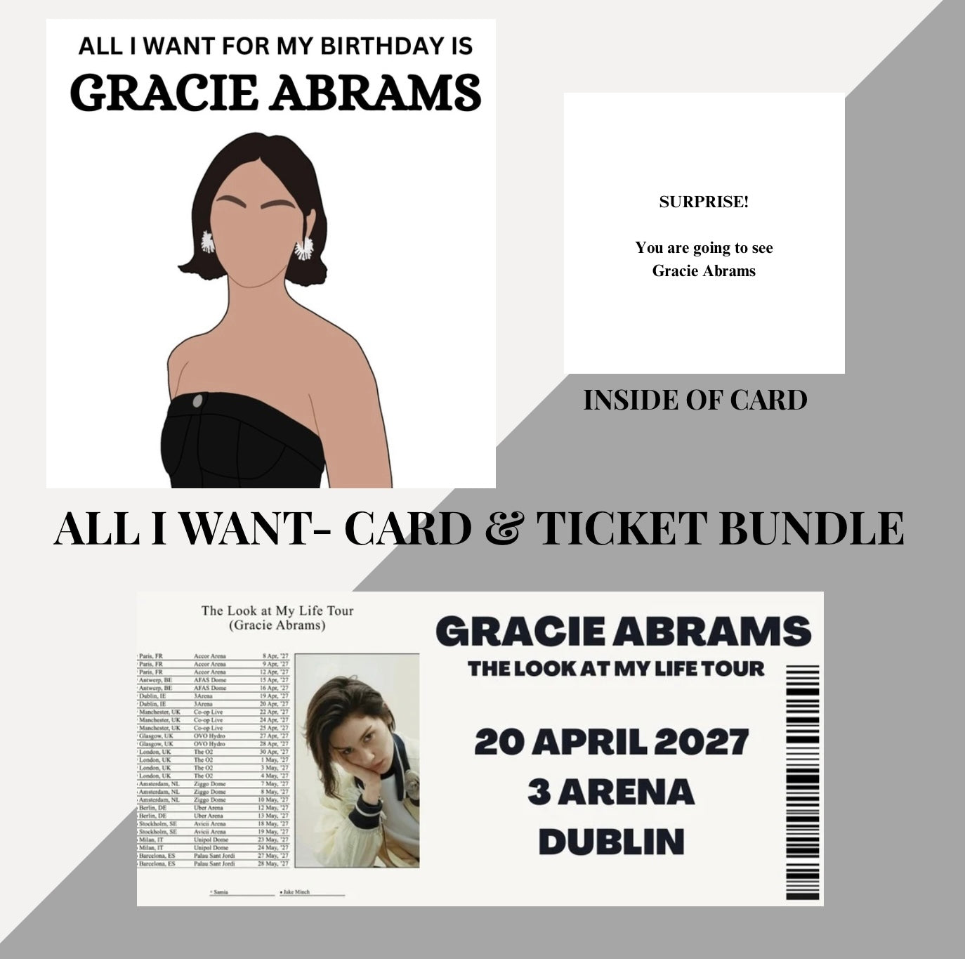 Gracie Abrams birthday card & souvenir ticket bundle