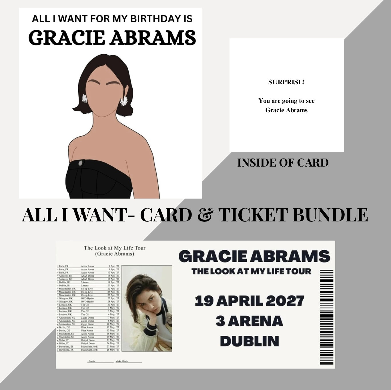 Gracie Abrams birthday card & souvenir ticket bundle