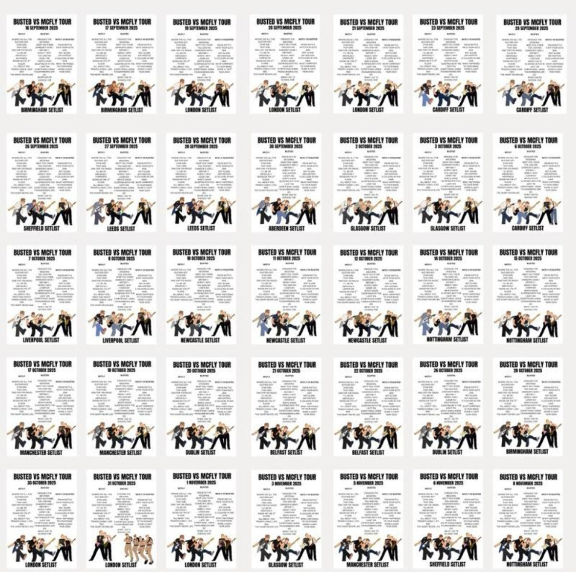 Busted v McFly inspired setlist prints