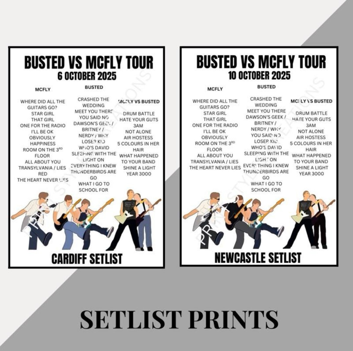 Busted v McFly inspired setlist prints