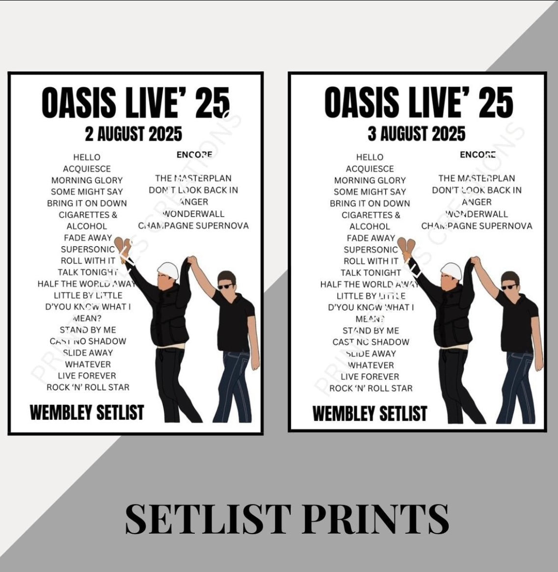 Oasis Live 25 Tour inspired setlist prints