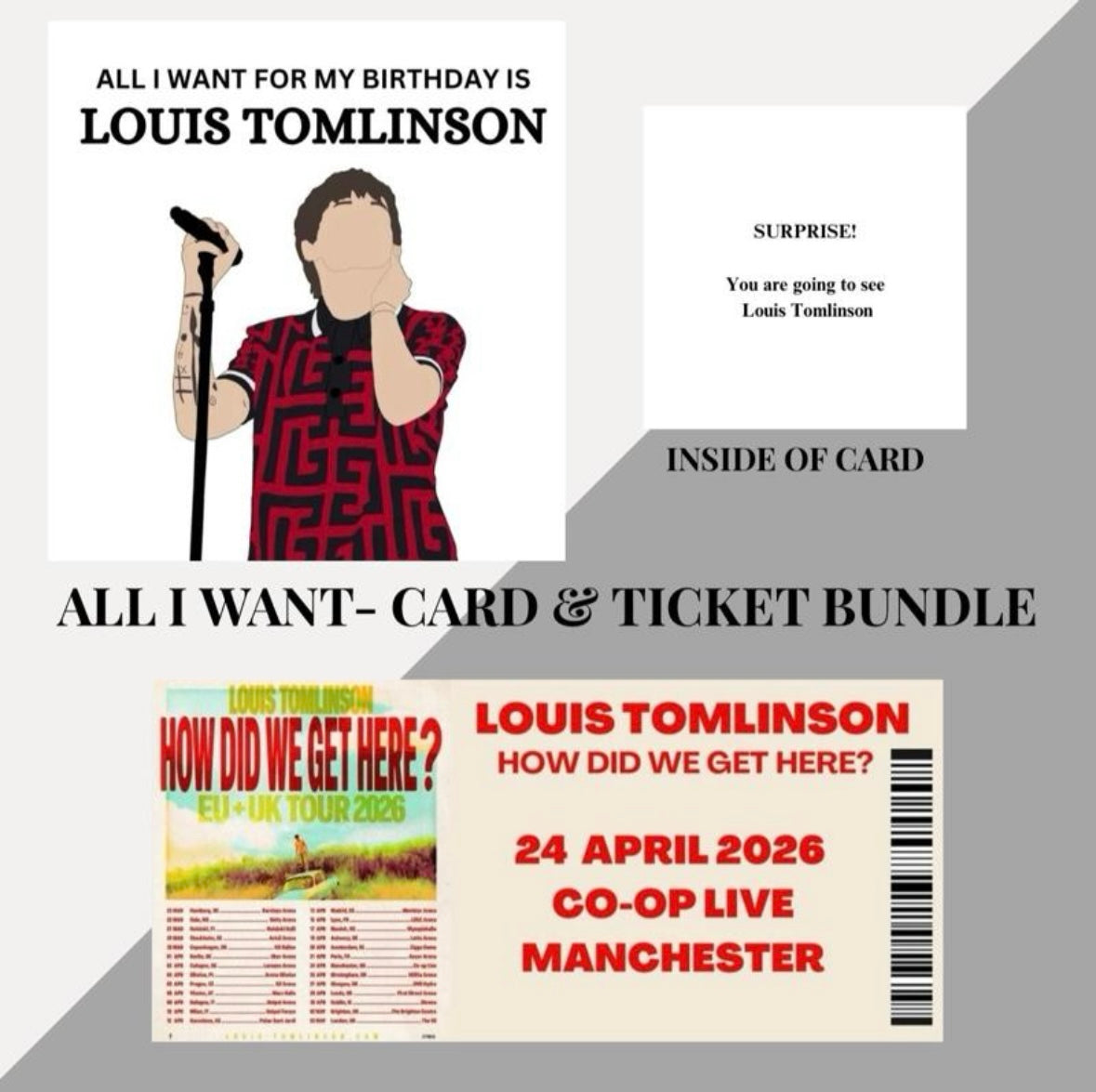 Louis Tomlinson birthday card and souvenir ticket bundle