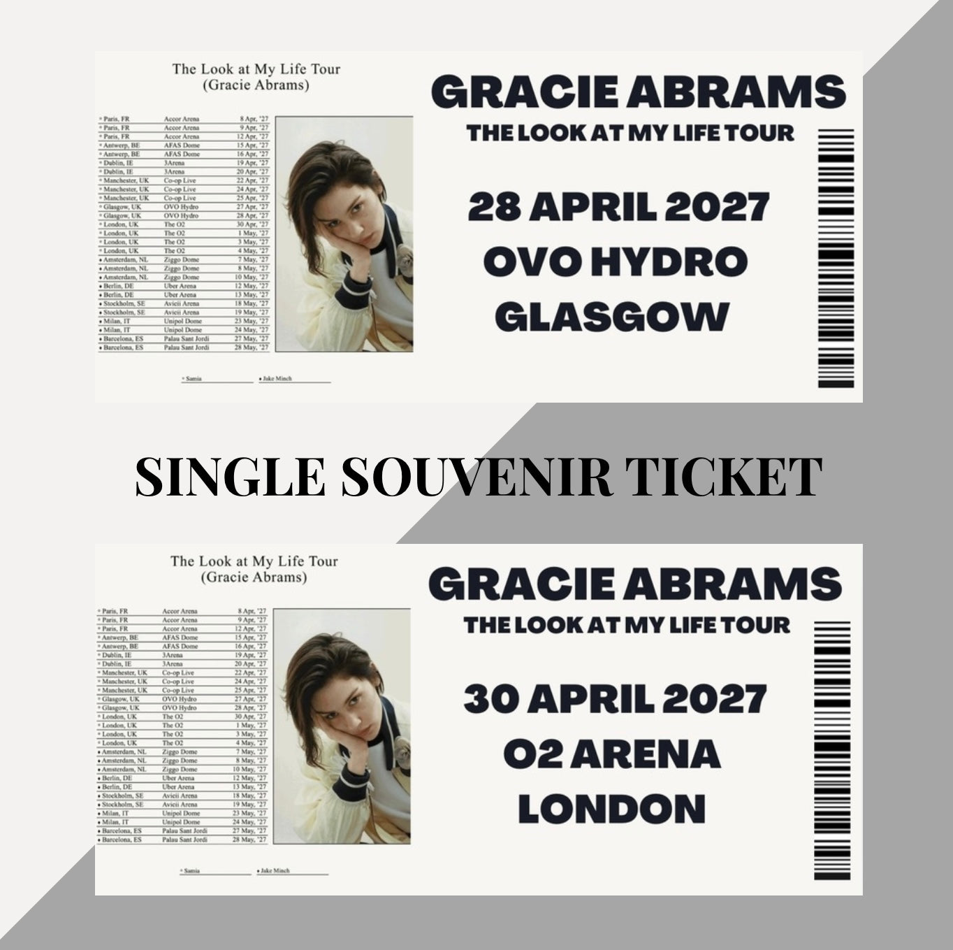 Gracie Abrams ‘The Look at my Life Tour’ inspired souvenir tickets