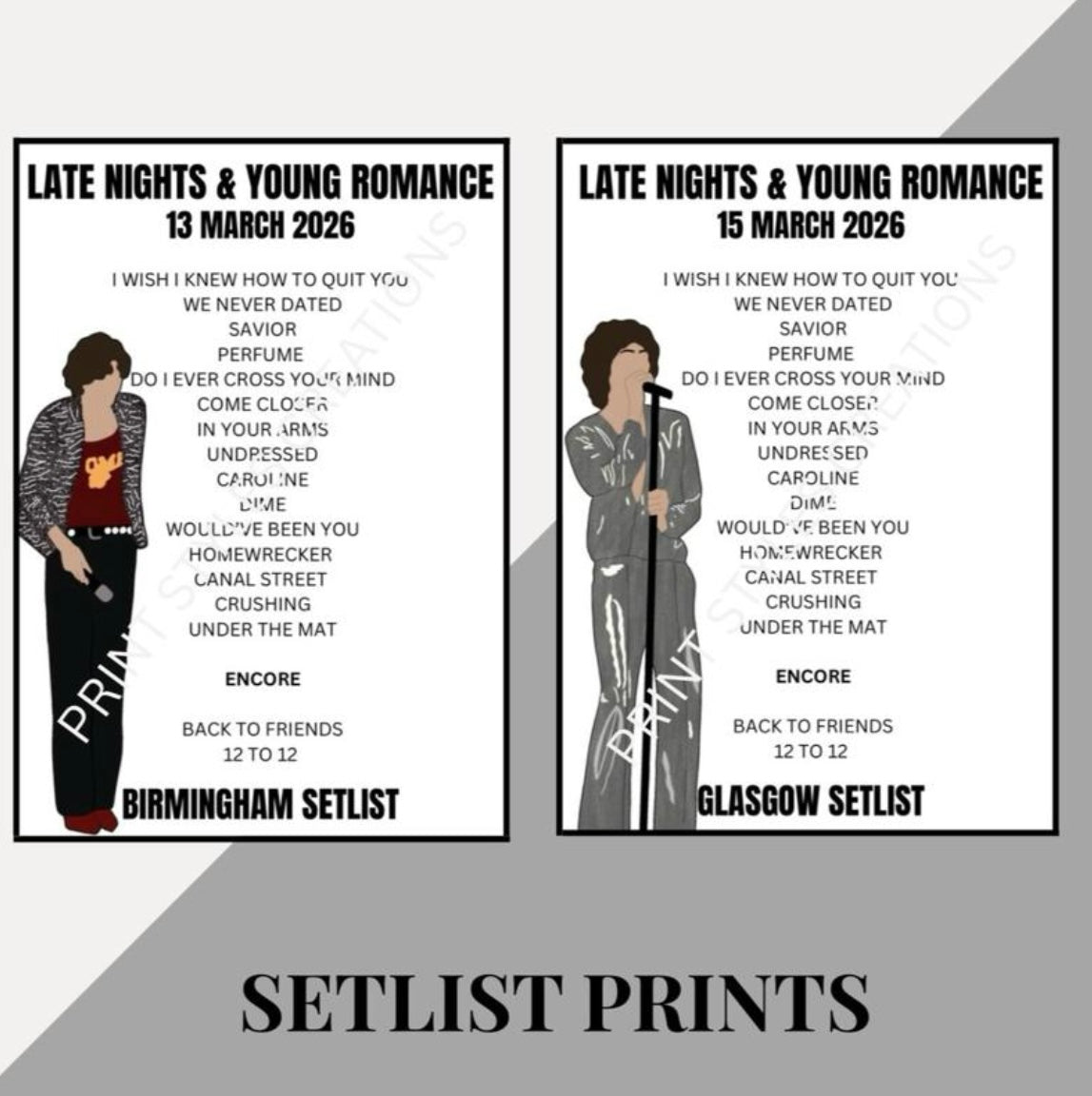 Sombr ‘The Late Nights & Young Romance’ inspired setlist prints